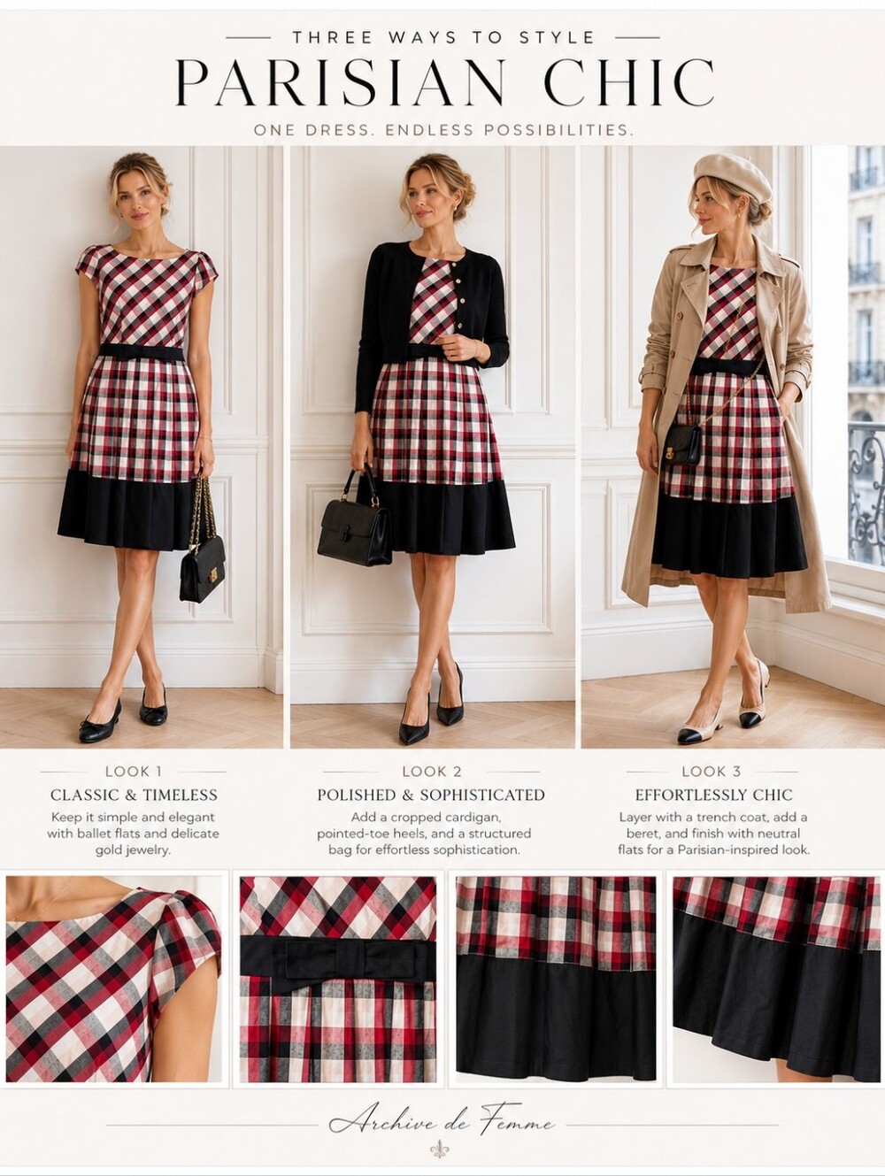 Dear Creatures Plaid Fit & Flare Dress Medium | Retro Bow Waist Cotton Blend | - Picture 3 of 9